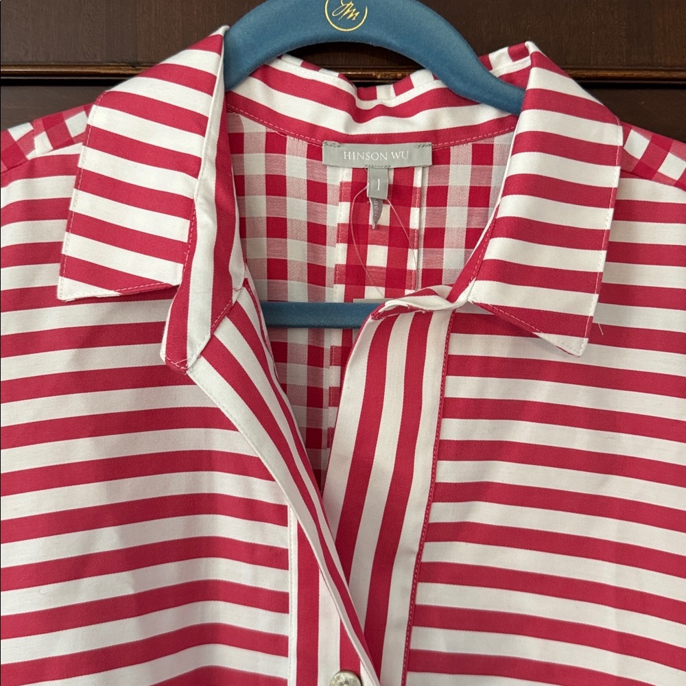 Striped Pink and White Mini Dress with Polo Collar - Picture 2 of 4